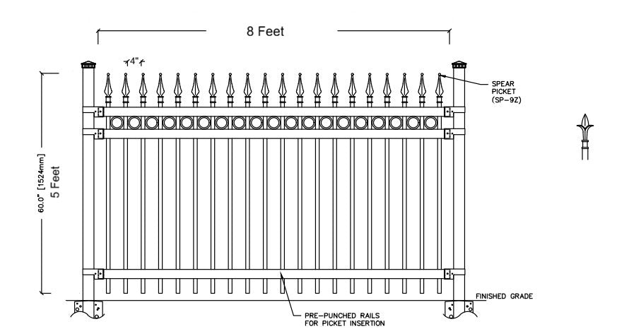 Spear Top Steel Fence Panel - Full RINGS With 9ft Post – 5 ft H × 8 ft W _ FSRT_012