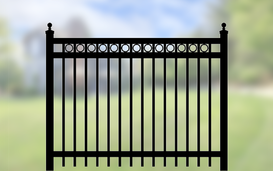 Flat Top Fence Pale with RINGS with 9Ft Post - Galvanized Black Steel Fence Panel (5 ft H × 8 ft W) _ FFRT-010
