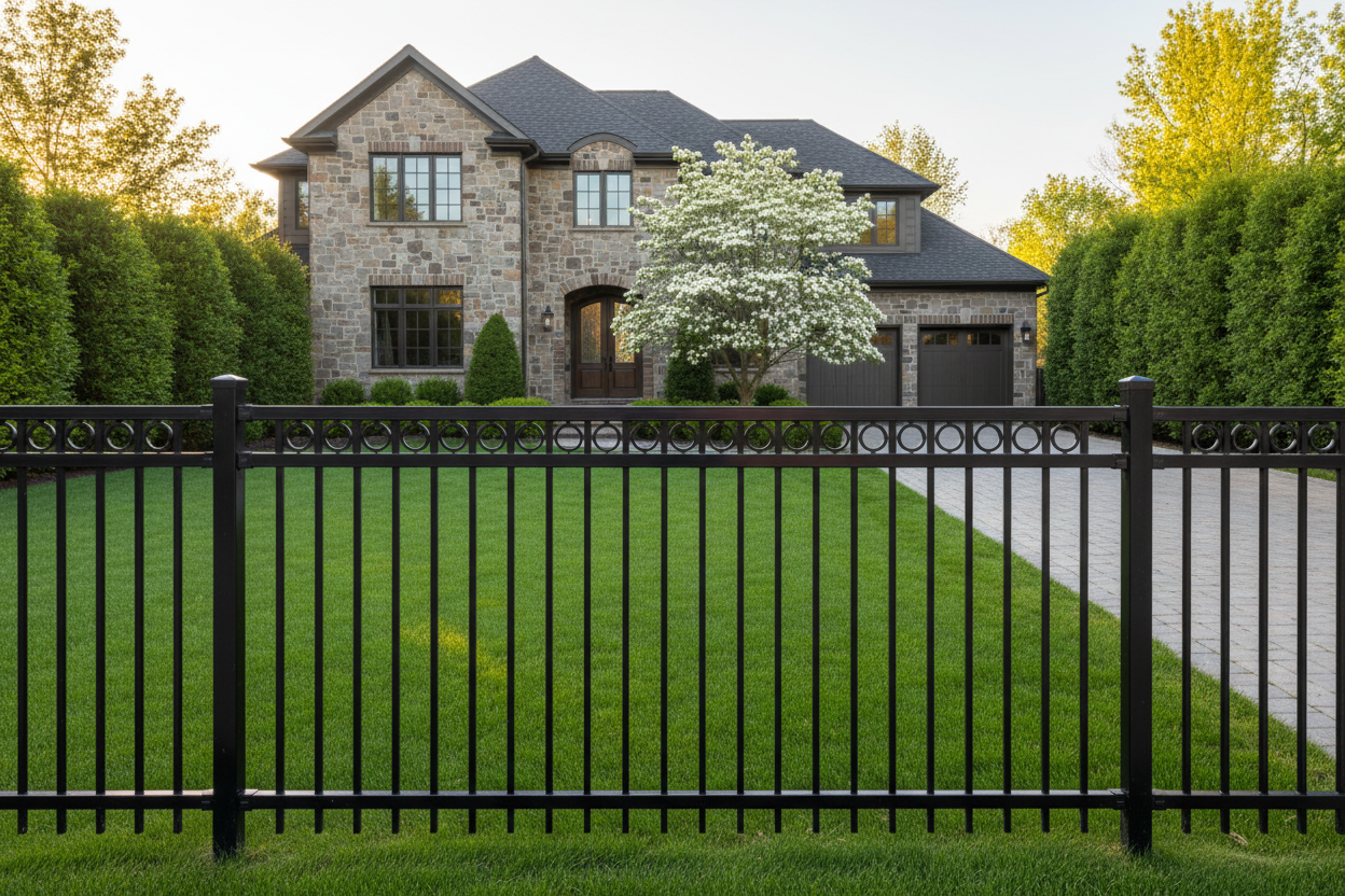 Flat Top Fence Pale with RINGS with 9Ft Post - Galvanized Black Steel Fence Panel (5 ft H × 8 ft W) _ FFRT-010