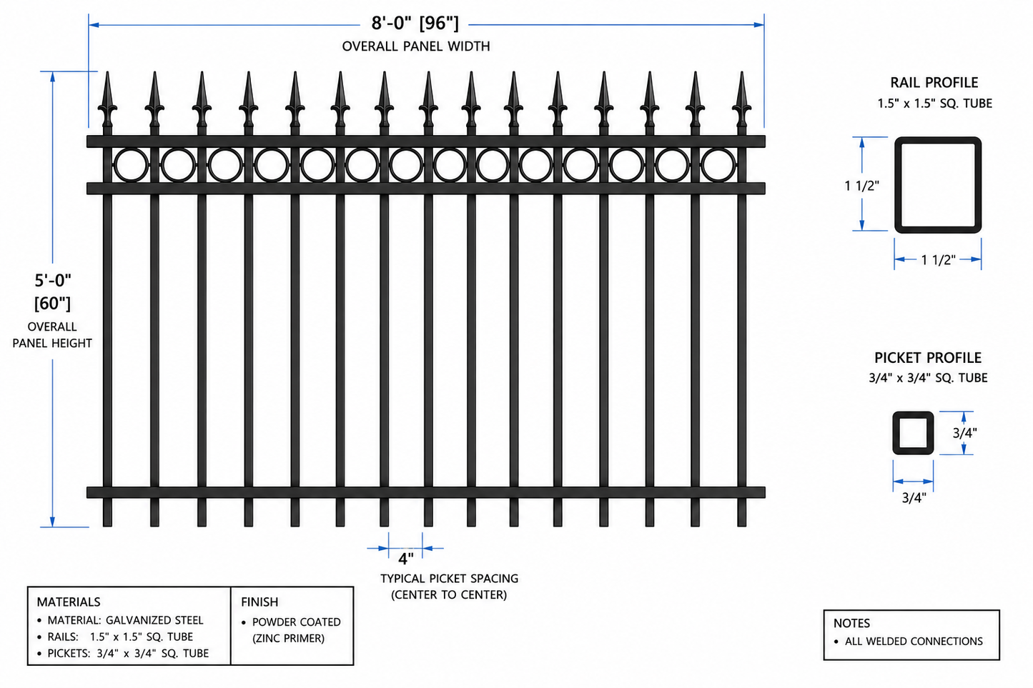 Spear Top Steel Fence Panel - Full RINGS With 9ft Post – 5 ft H × 8 ft W _ FSRT_012