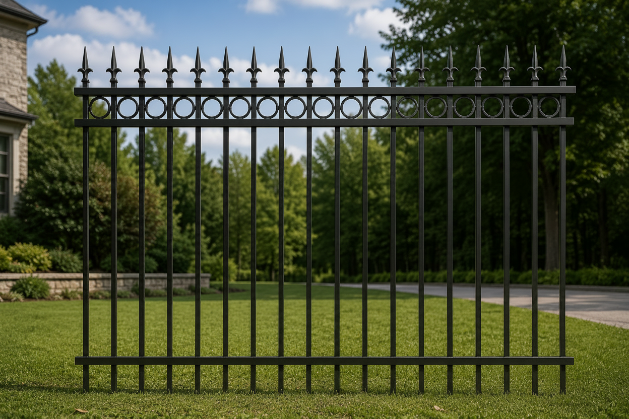 Spear Top Steel Fence Panel - Full RINGS With 9ft Post – 5 ft H × 8 ft W _ FSRT_012