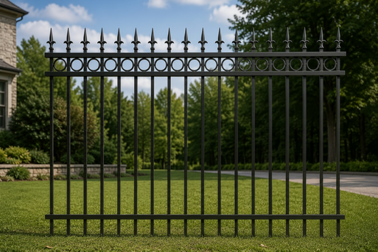 Spear Top Steel Fence Panel - Full RINGS With 9ft Post – 5 ft H × 8 ft W _ FSRT_012