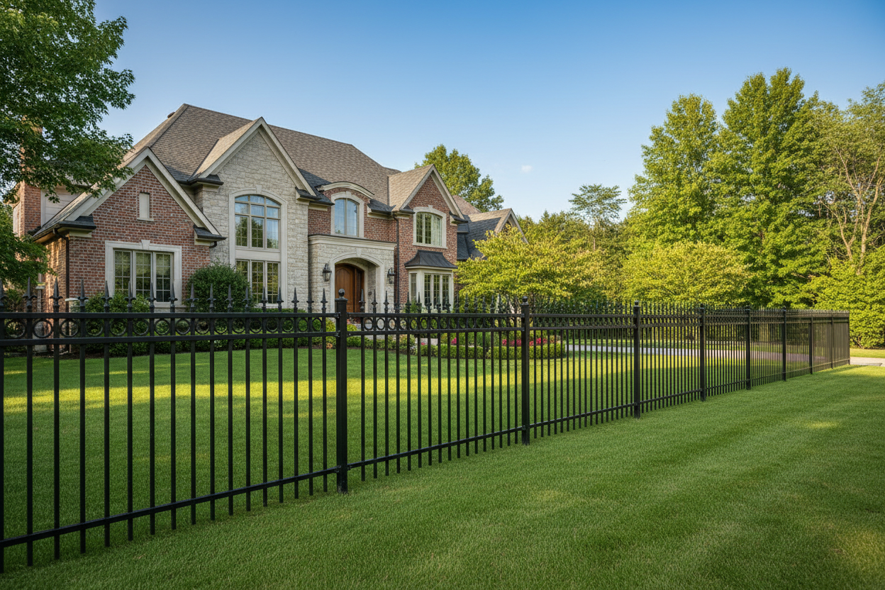 Spear Top Steel Fence Panel - Full RINGS With 9ft Post – 5 ft H × 8 ft W _ FSRT_012
