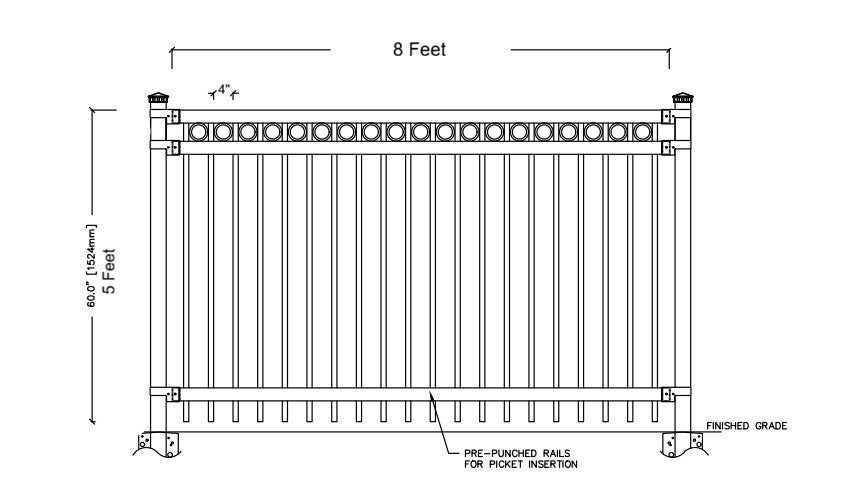 Flat Top Fence Pale with RINGS with 9Ft Post - Galvanized Black Steel Fence Panel (5 ft H × 8 ft W) _ FFRT-010