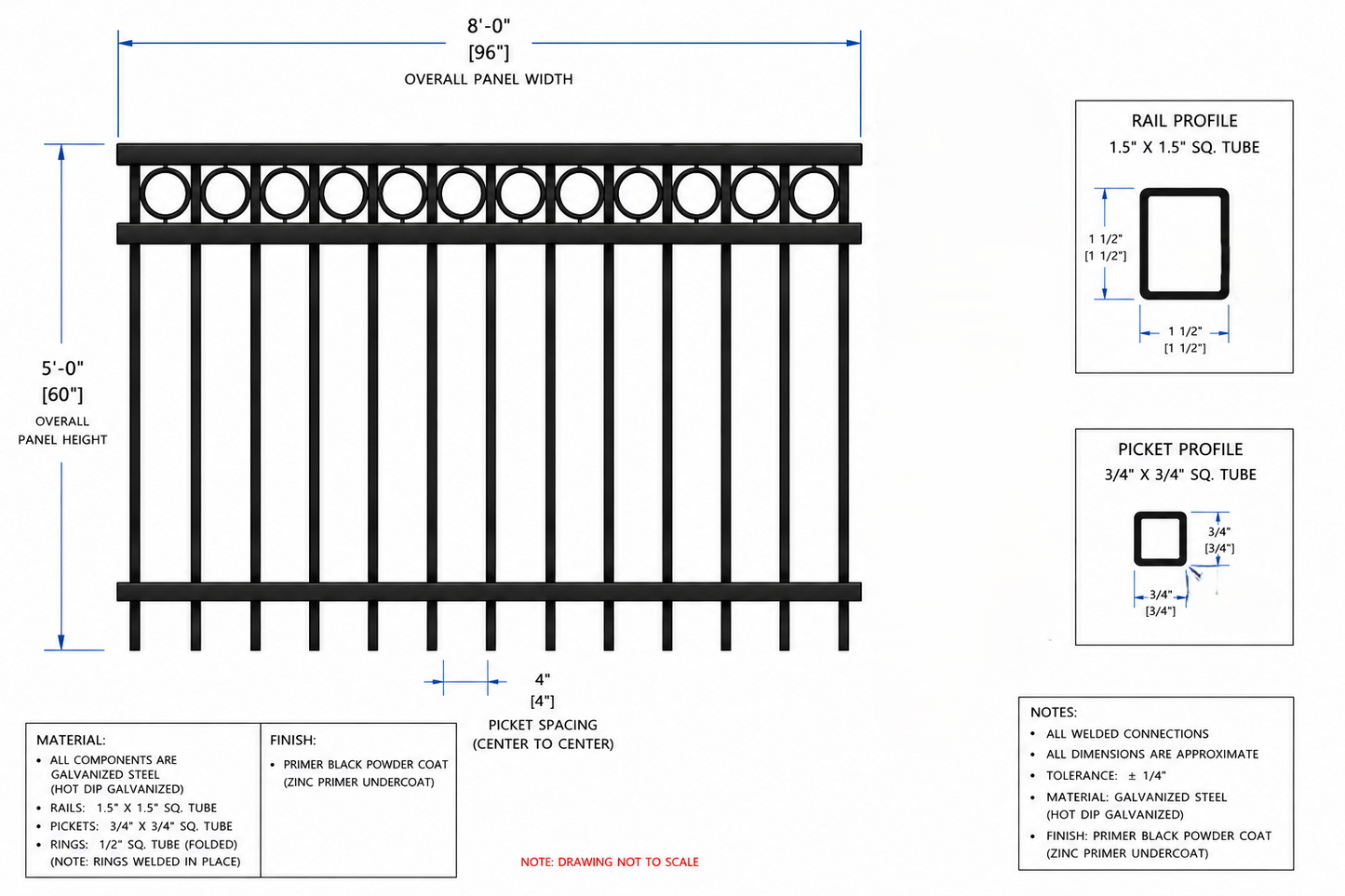 Flat Top Fence Pale with RINGS with 9Ft Post - Galvanized Black Steel Fence Panel (5 ft H × 8 ft W) _ FFRT-010