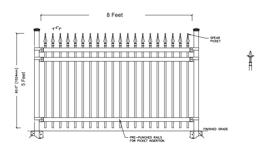 Spear Top Steel Fence Panel with 9ft Post – 5 ft H × 8 ft W _ FST_011
